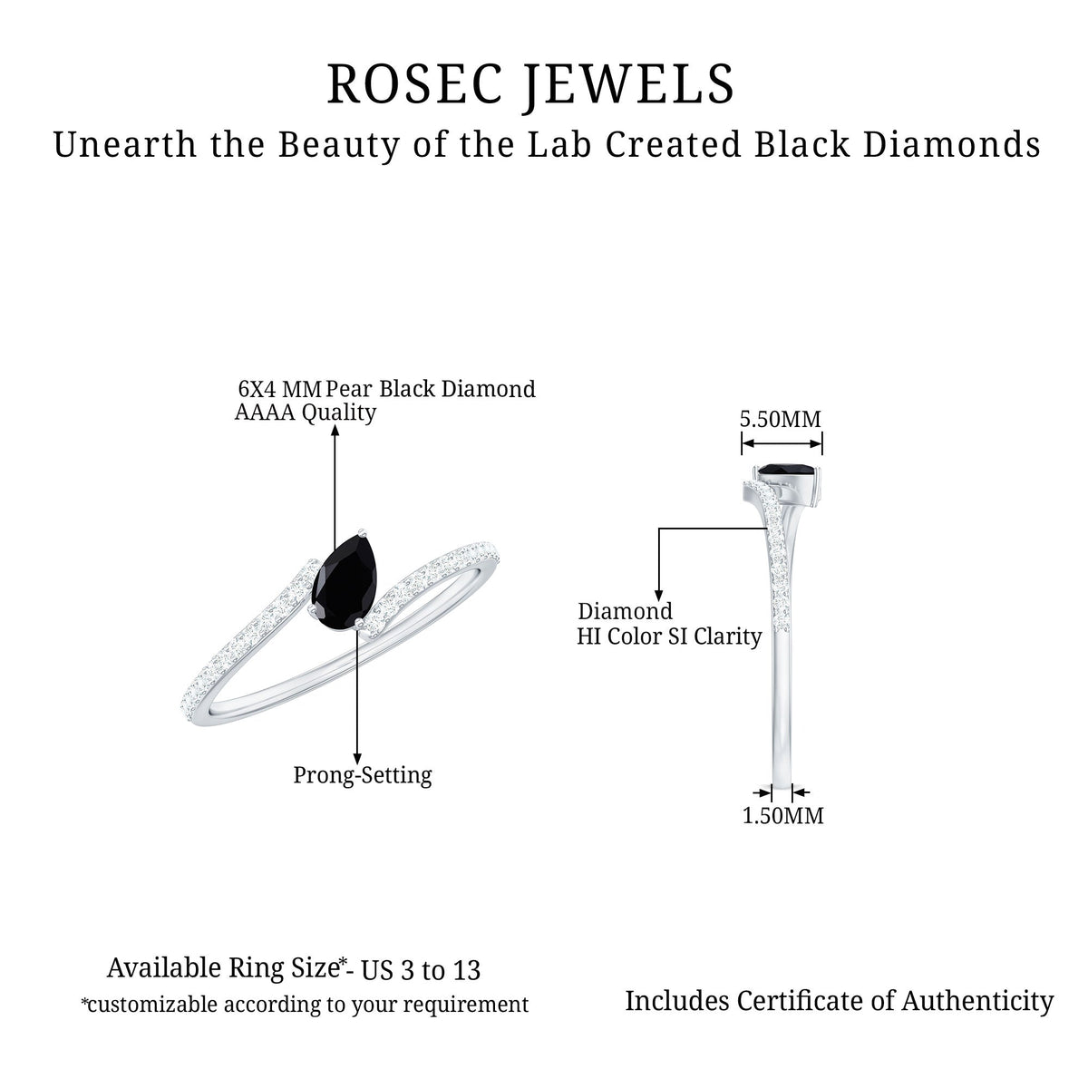 Certified 0.8 Carat Lab Grown Black and White Diamond Promise Ring with Bypass Shank
