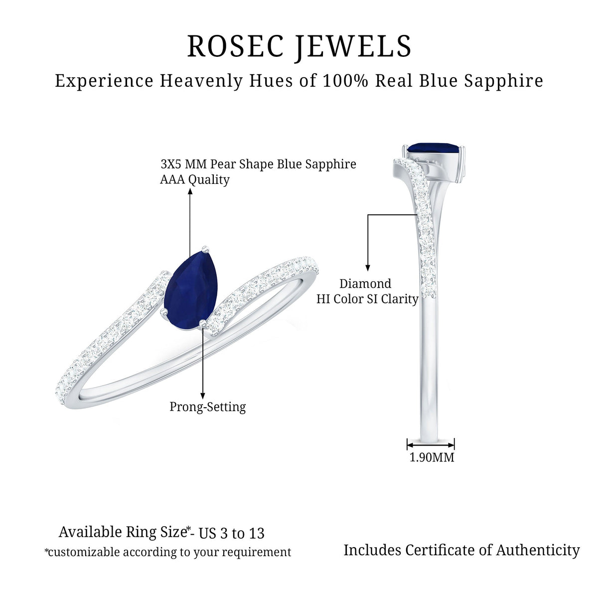 Tilted Pear Shaped Blue Sapphire Bypass Promise Ring with Diamond
