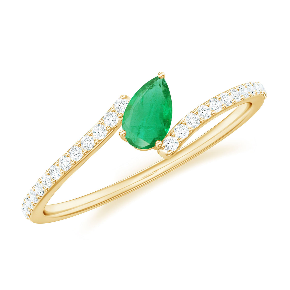 Pear Shaped Emerald and Diamond Promise Ring in Bypass Shank