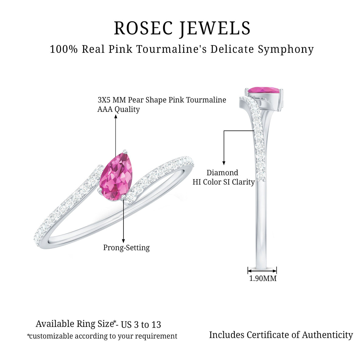 Tilted Pear Shape Pink Tourmaline and Diamond Bypass Promise Ring