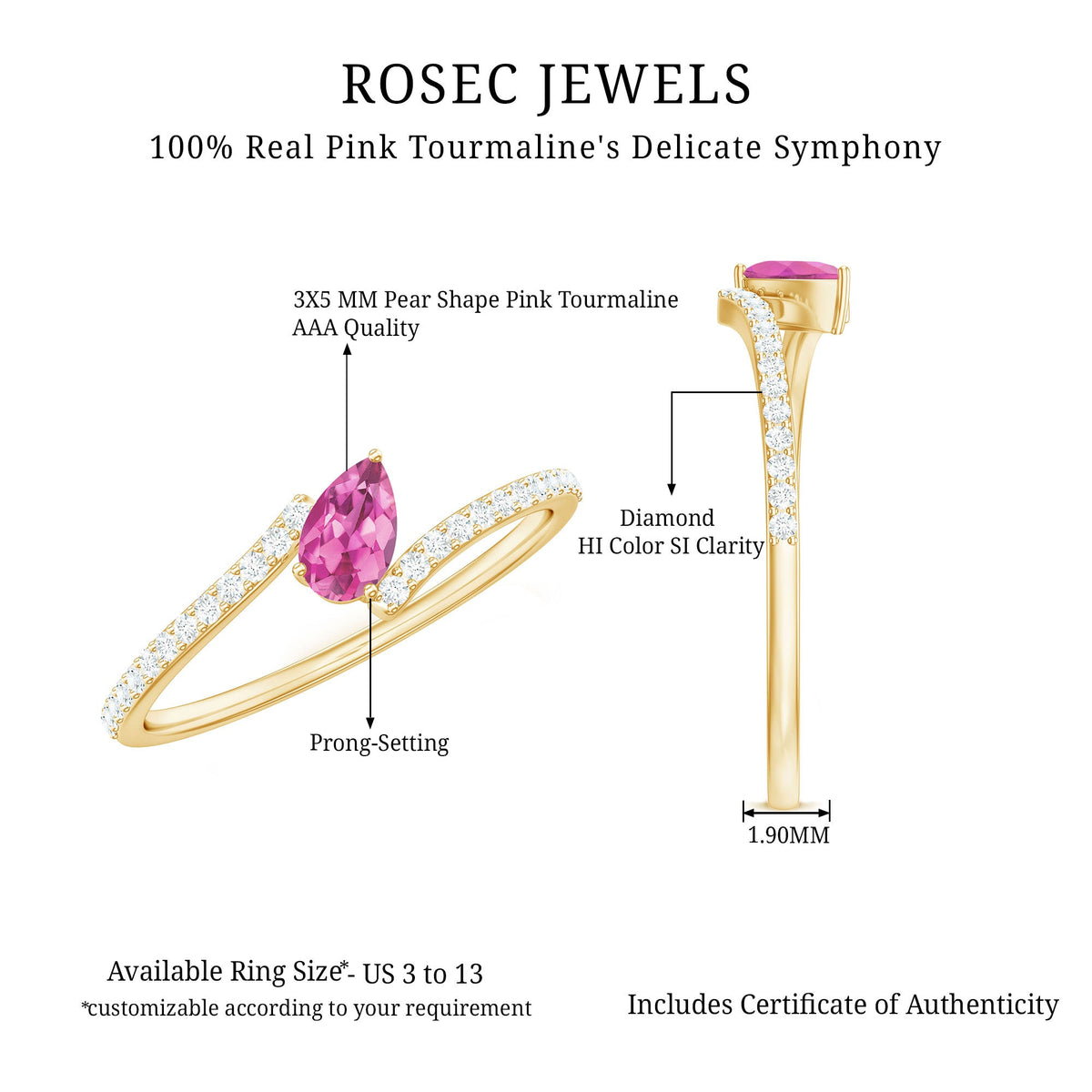 Tilted Pear Shape Pink Tourmaline and Diamond Bypass Promise Ring