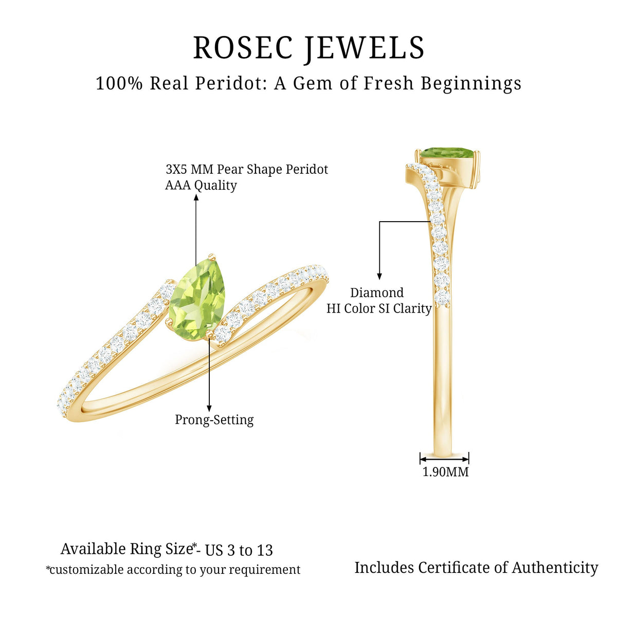 Natural Pear Shape Peridot Promise Ring with Bypass Diamond