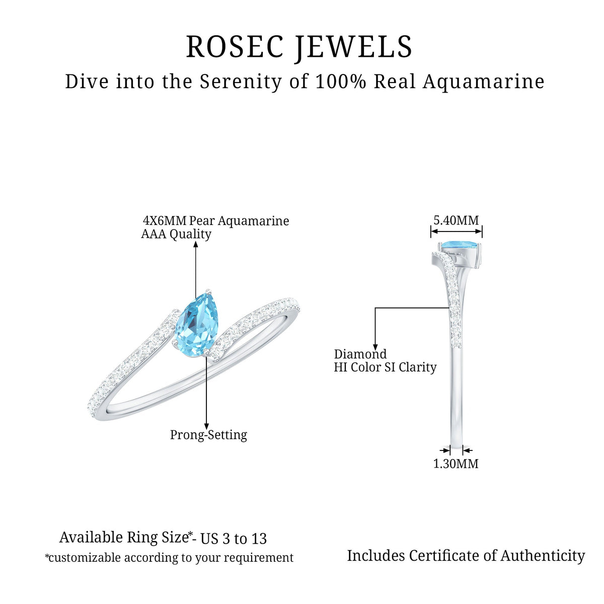 Rosec Jewels aquamarine and diamond promise ring with bypass shank, showcasing sparkling gemstones and elegant silver band.