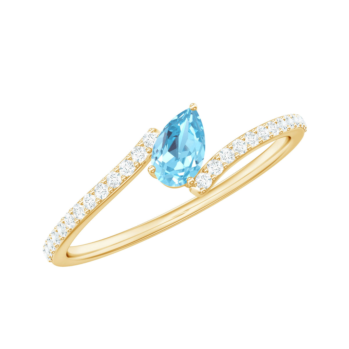 Rosec Jewels aquamarine and diamond promise ring with bypass shank, featuring a central oval aquamarine gemstone and sparkling diamonds.
