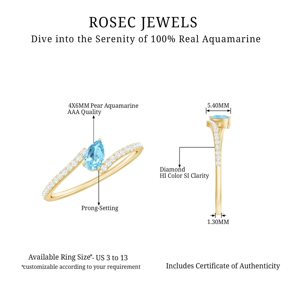 Real aquamarine and diamond promise ring with bypass shank by Rosec Jewels, featuring a detailed design and sparkling gemstones.