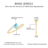 Real aquamarine and diamond promise ring with bypass shank by Rosec Jewels, featuring a detailed design and sparkling gemstones.