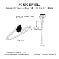 3X5mm Pear Cut Black Onyx Solitaire Promise Ring with Diamond Bypass Shank