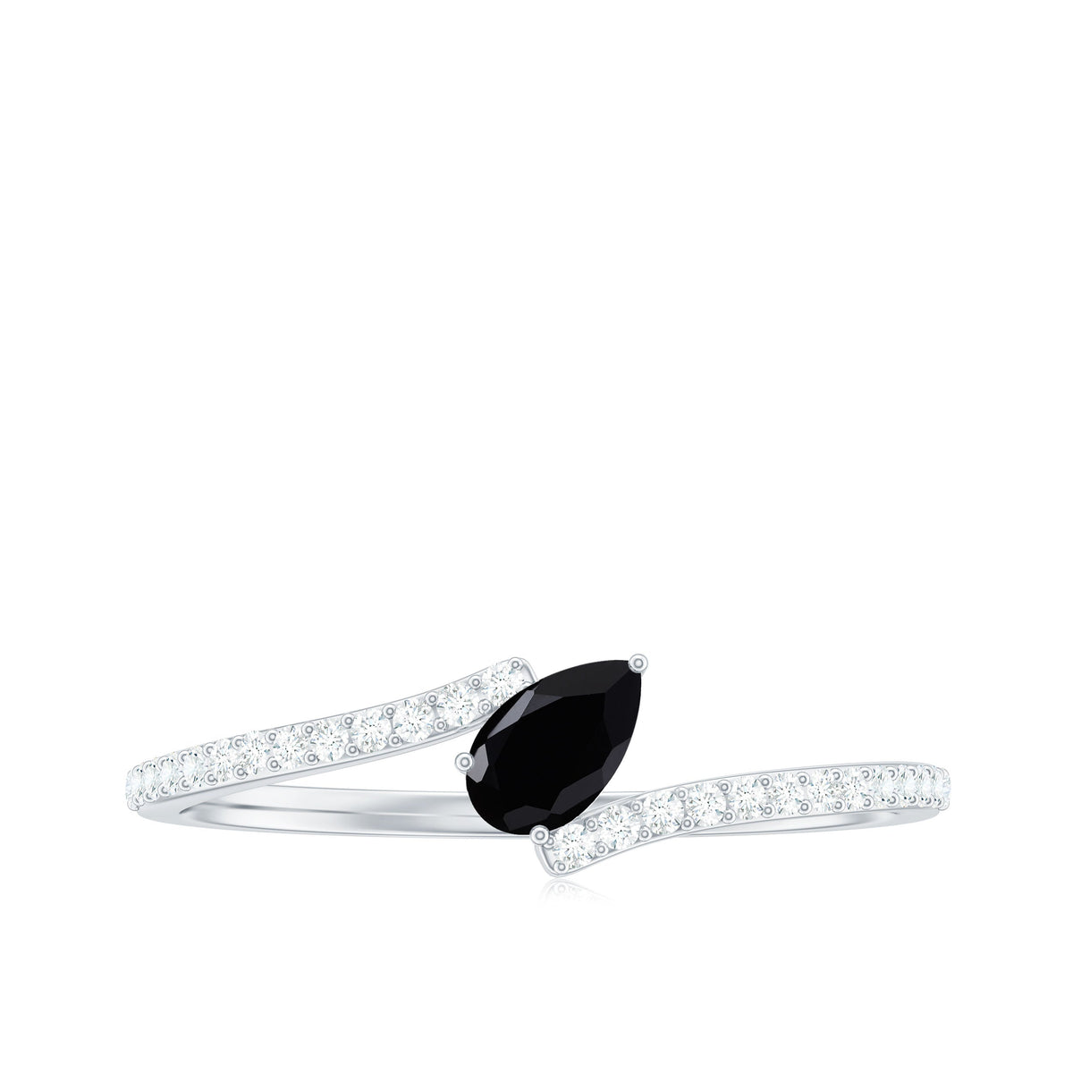 3X5mm Pear Cut Black Onyx Solitaire Promise Ring with Diamond Bypass Shank