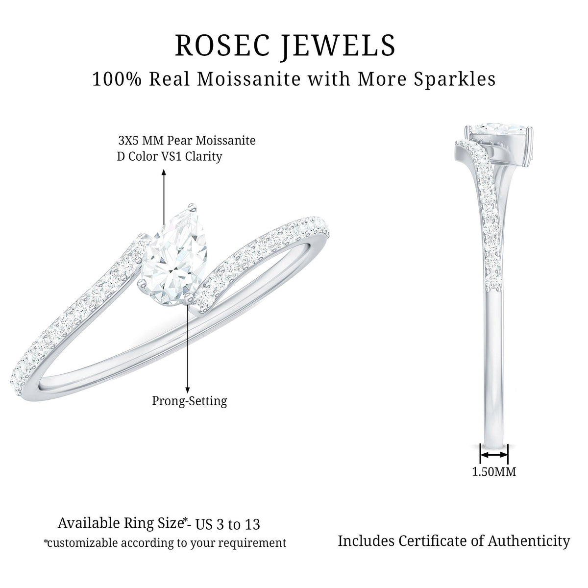 Pear Shaped Moissanite Bypass Promise Ring for Her