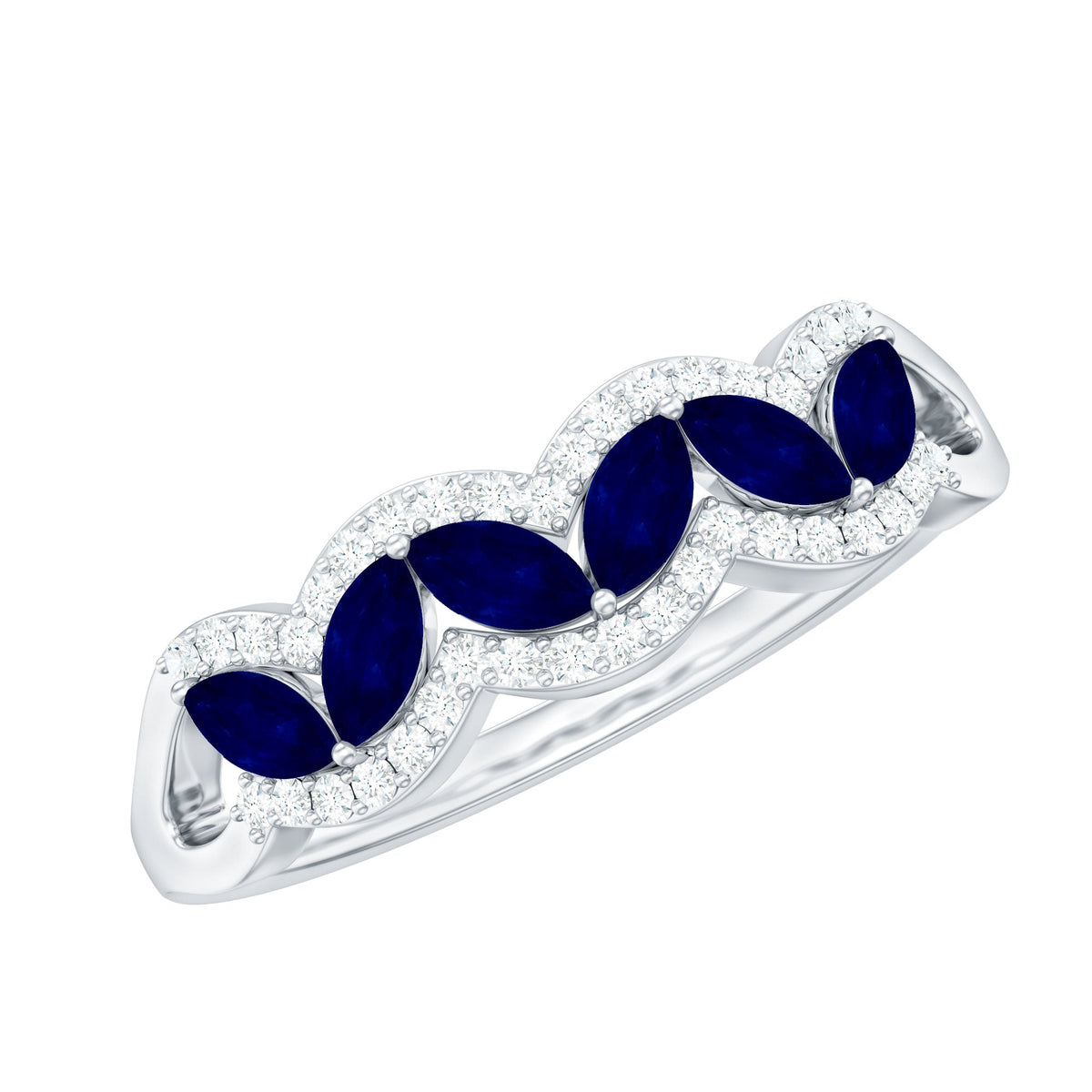 Marquise cut blue sapphire and diamond wedding anniversary band ring by Rosec Jewels, showcasing elegant gemstone and metal setting.