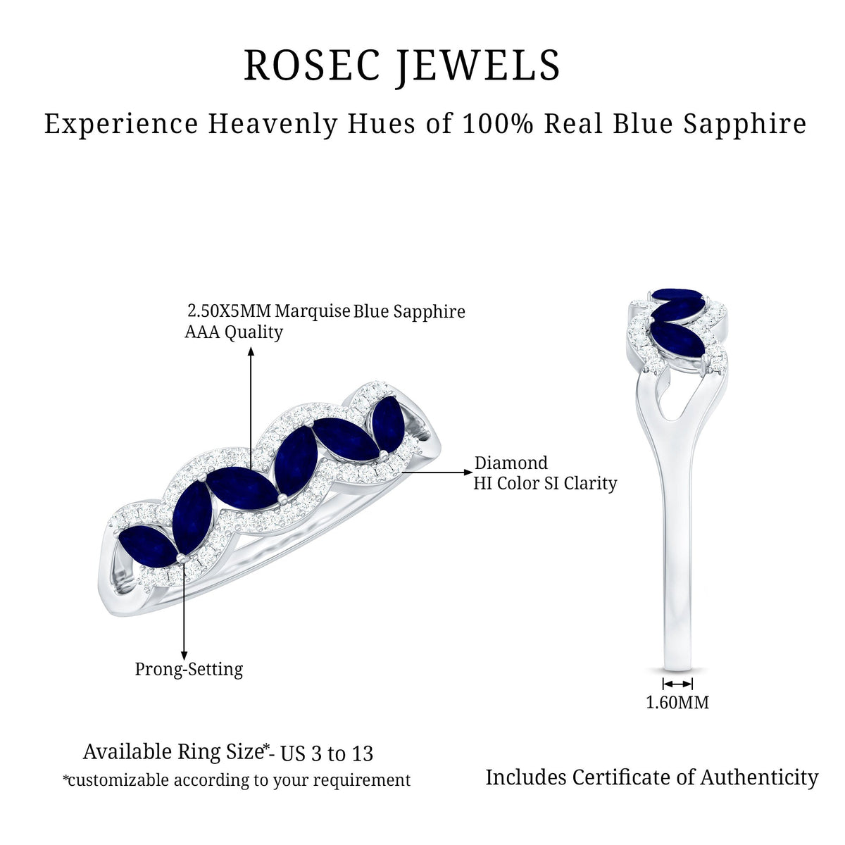 Marquise cut blue sapphire and diamond wedding anniversary band ring by Rosec Jewels, featuring elegant gemstone and metal design.