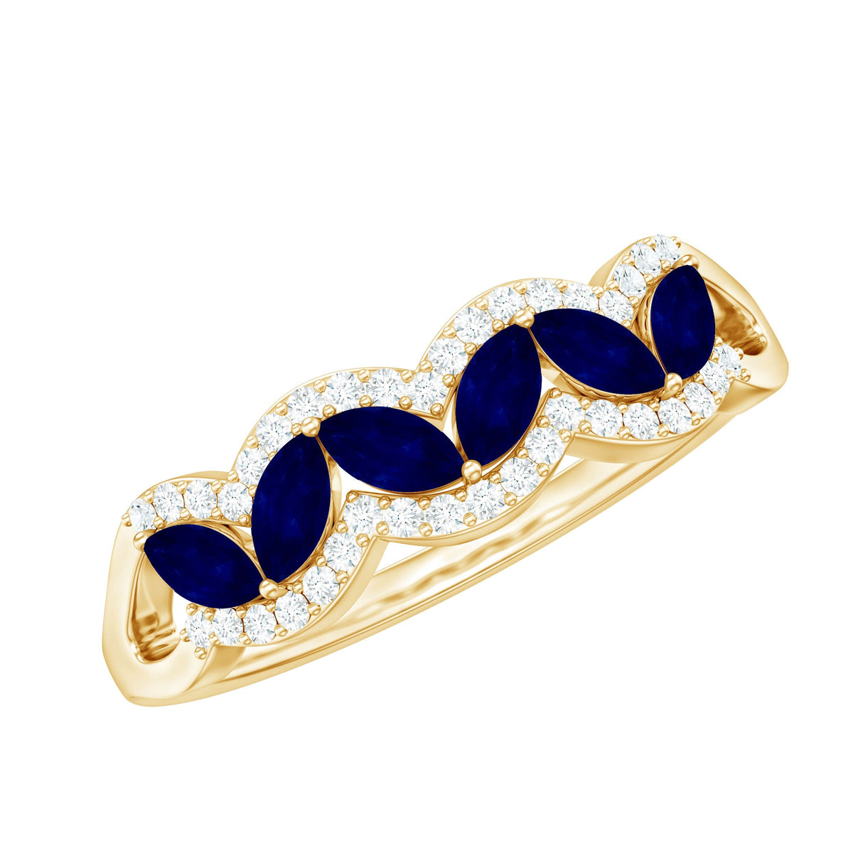Certified blue sapphire and diamond wedding anniversary band ring with marquise cut stones, crafted by Rosec Jewels.