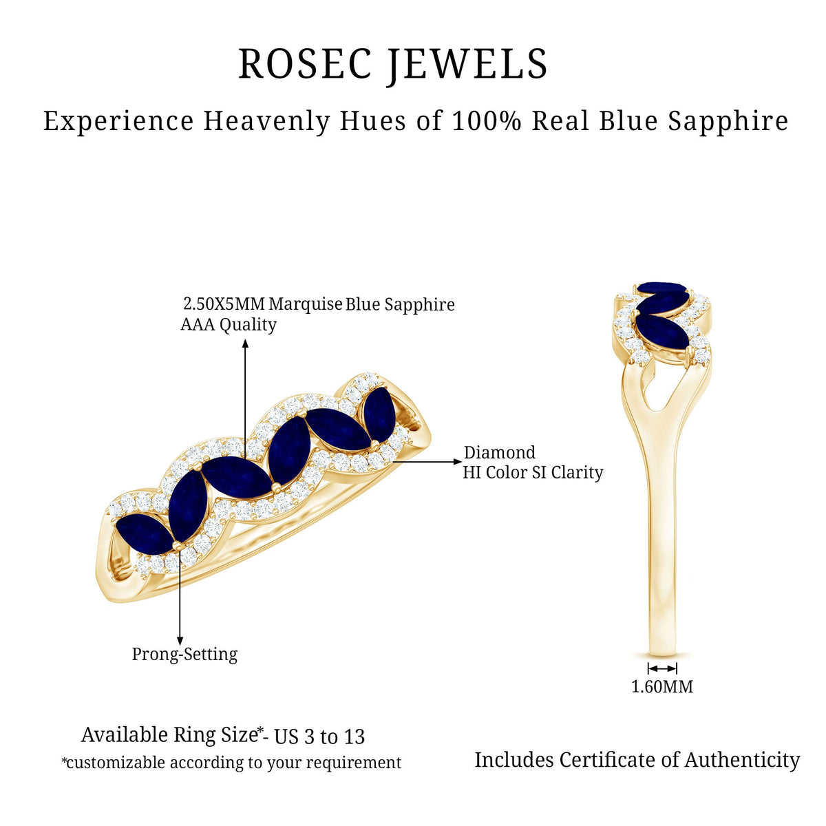 Marquise cut blue sapphire and diamond wedding anniversary band ring by Rosec Jewels, featuring a sleek gold band with sparkling stones.
