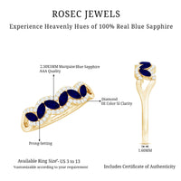 Marquise cut blue sapphire and diamond wedding anniversary band ring by Rosec Jewels, featuring a sleek gold band with sparkling stones.