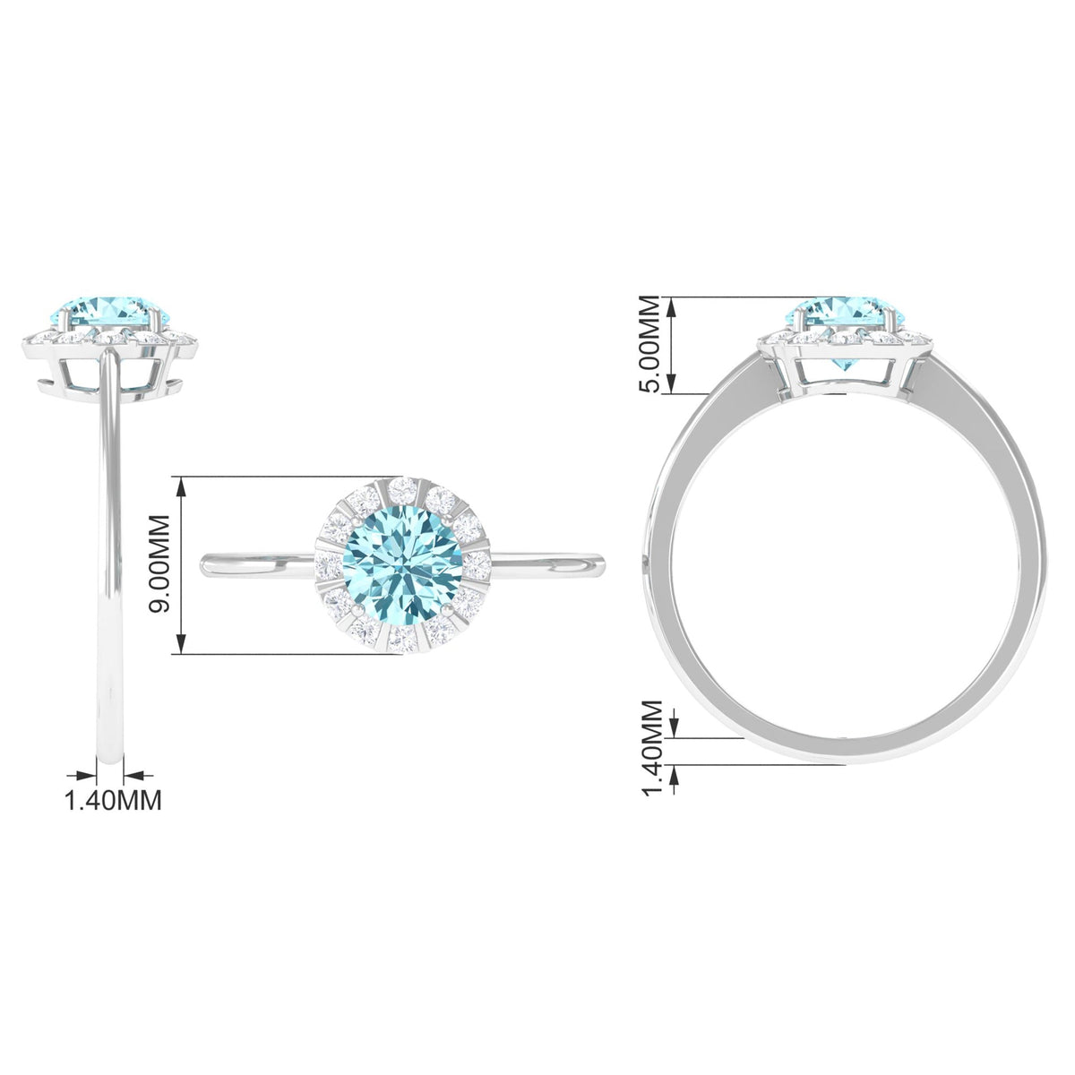 1 CT aquamarine engagement ring with diamond floating halo, showcasing a rose gold band and intricate design details.