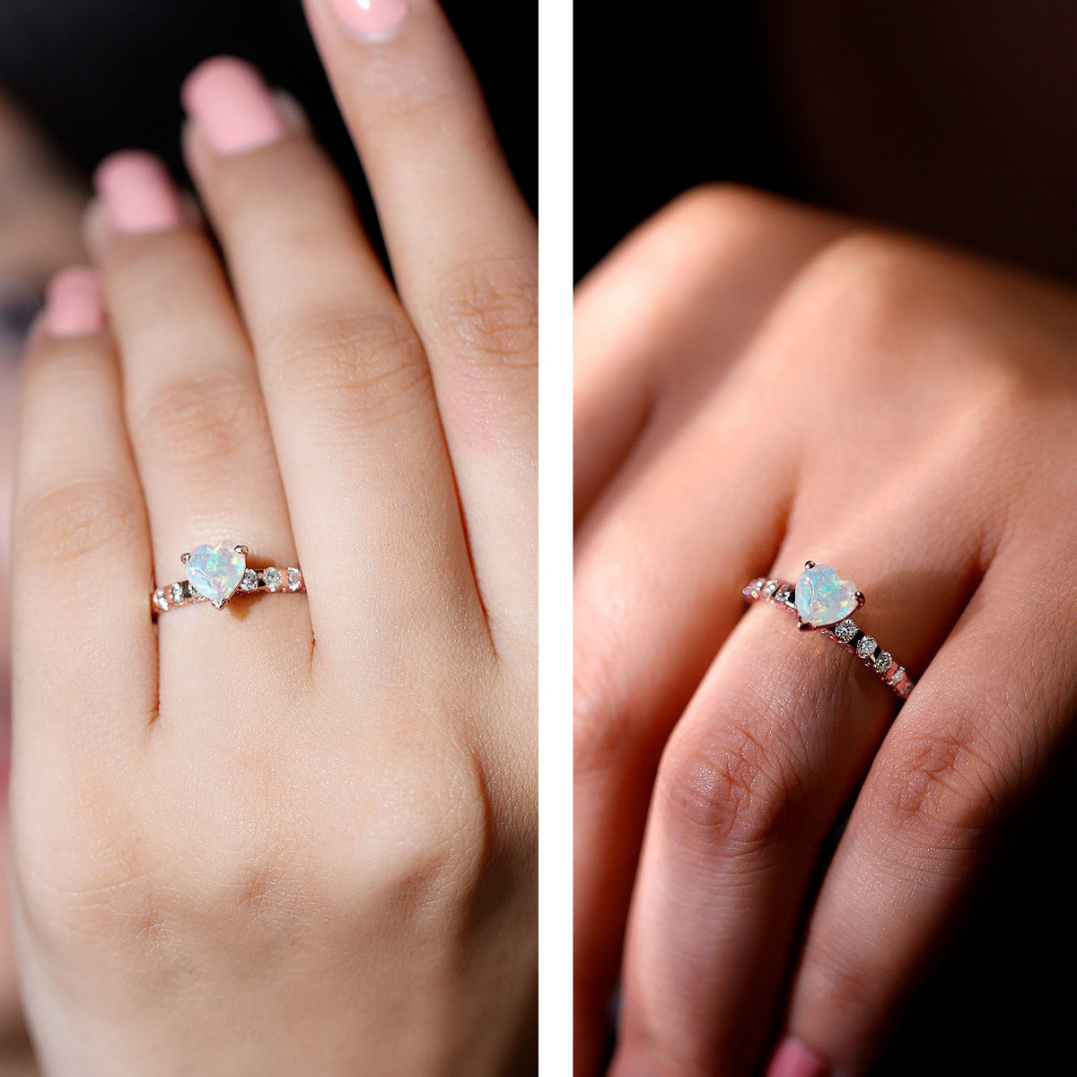 Heart-shaped Ethiopian opal and diamond engagement ring with a 0.75 carat center stone, set in a rose gold band by Rosec Jewels.