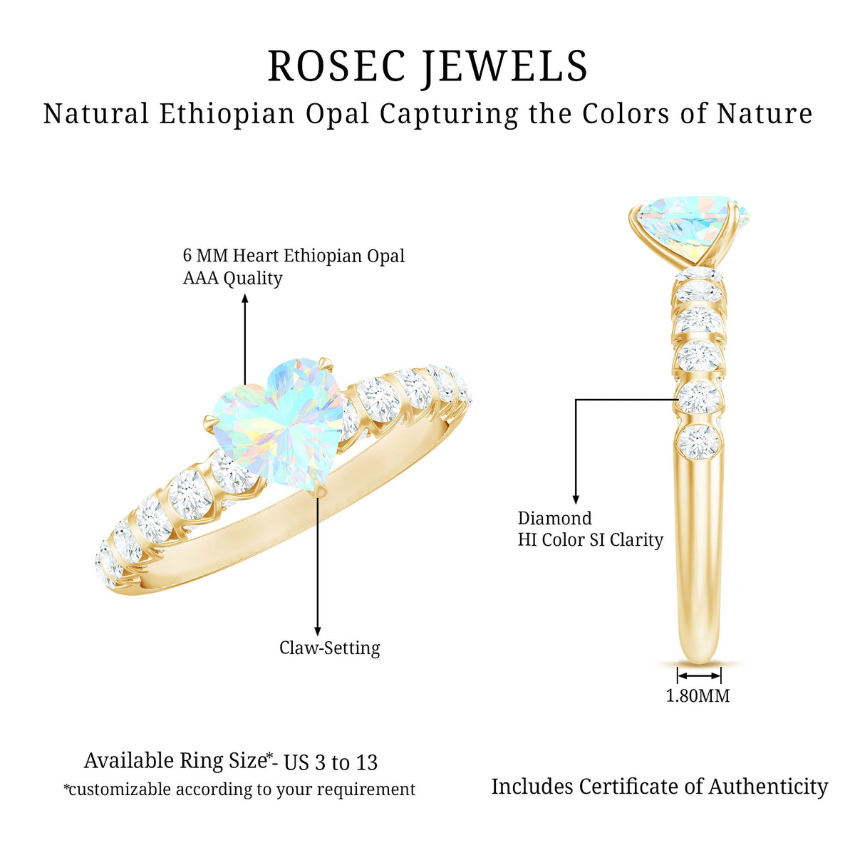 Heart-shaped Ethiopian opal and diamond engagement ring with rose gold band from Rosec Jewels, showcasing sparkling gemstones.