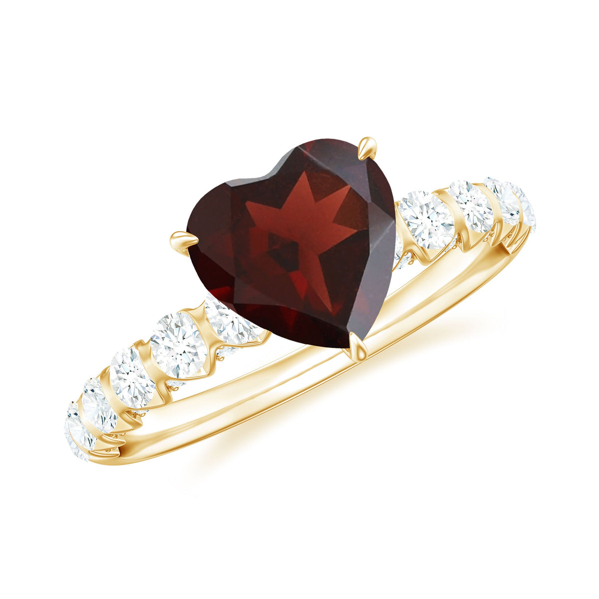 Natural 8mm Garnet Heart Engagement Ring with Diamond Side Stones