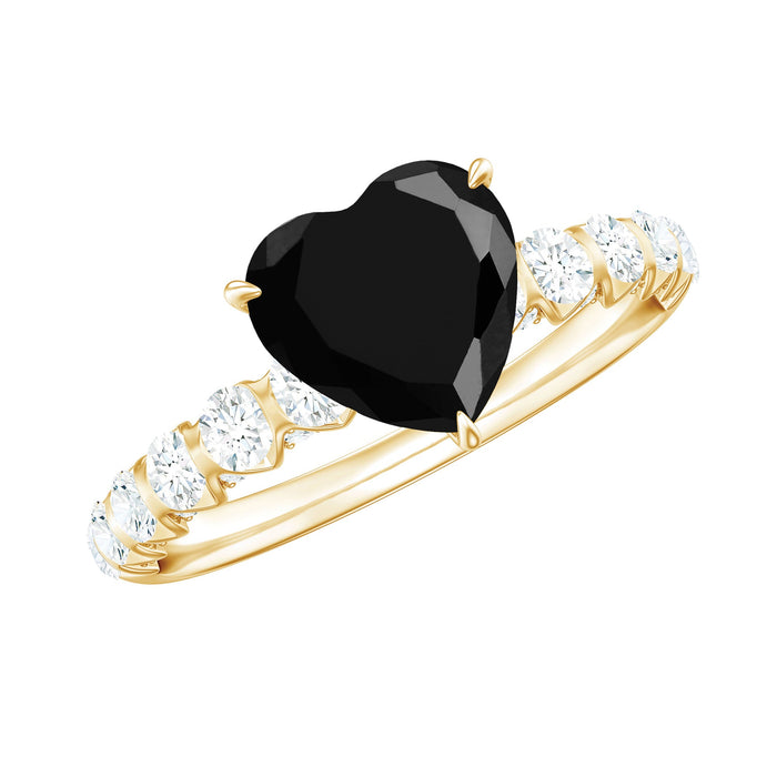 Natural 2 Carat black spinel heart engagement ring with diamond side stones, showcasing a elegant Rosec Jewels ring design.