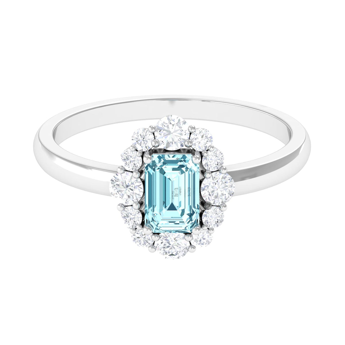 Octagon aquamarine engagement ring with diamond halo by Rosec Jewels, showcasing intricate gemstone and sparkling diamond details.