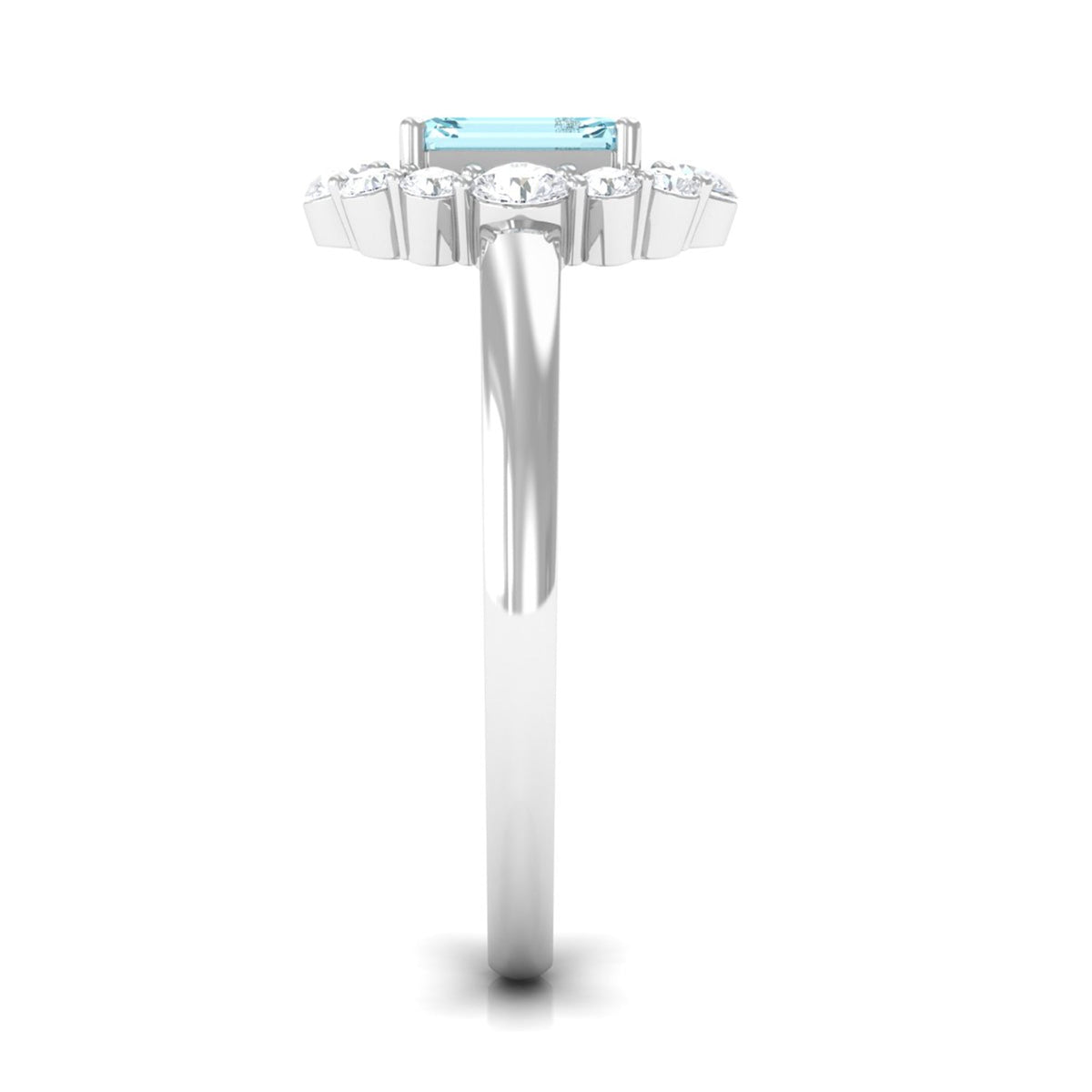 Octagon aquamarine engagement ring with diamond halo, showcasing a Rosec Jewels ring with intricate design and sparkling gemstones.