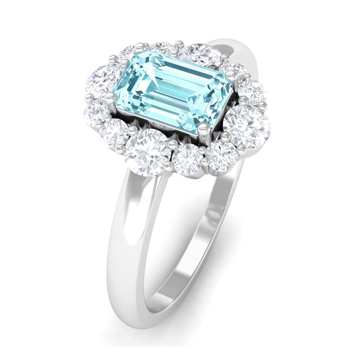 Octagon aquamarine engagement ring with diamond halo from Rosec Jewels, featuring a central aquamarine stone surrounded by sparkling diamonds.