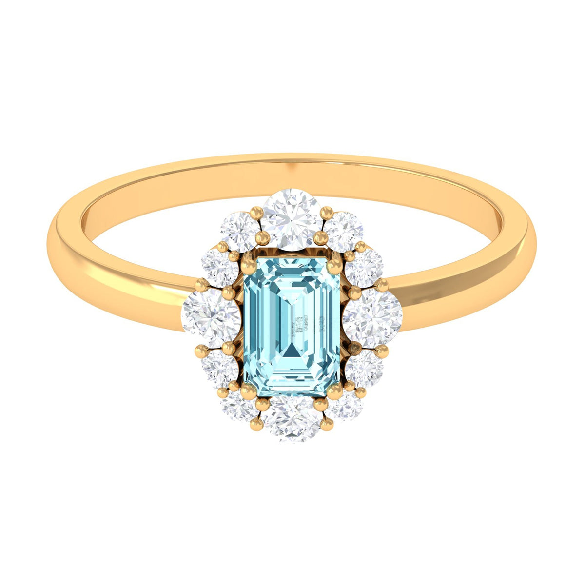 Octagon aquamarine engagement ring with diamond halo from Rosec Jewels, showcasing a sparkling aquamarine center stone and diamond accents.