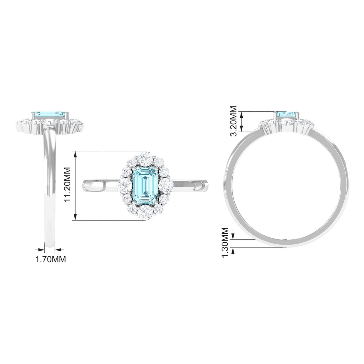 Octagon aquamarine engagement ring with diamond halo from Rosec Jewels, featuring a central aquamarine gemstone and surrounding diamonds.