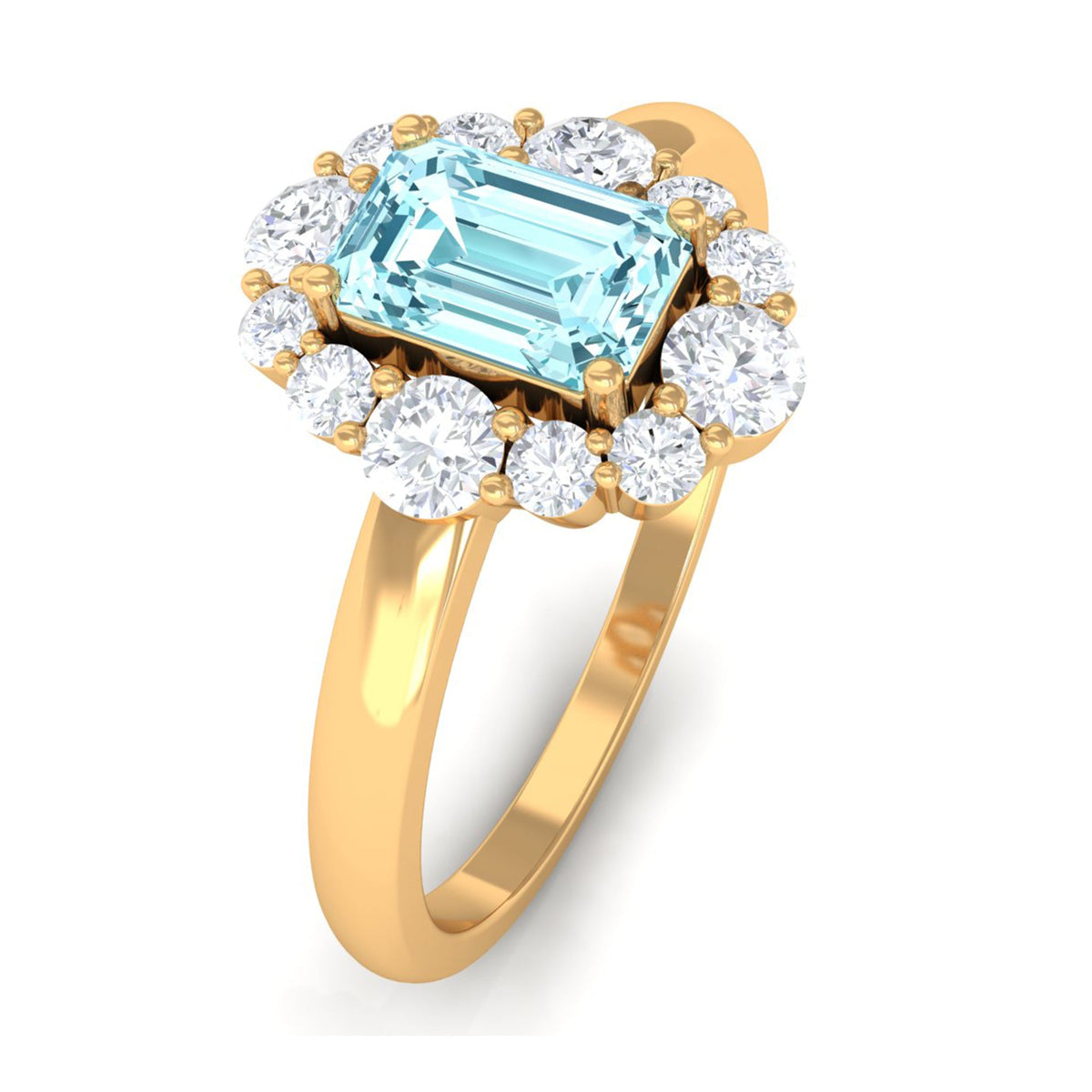 Octagon aquamarine engagement ring with diamond halo from Rosec Jewels, showcasing the central gemstone and sparkling halo setting.