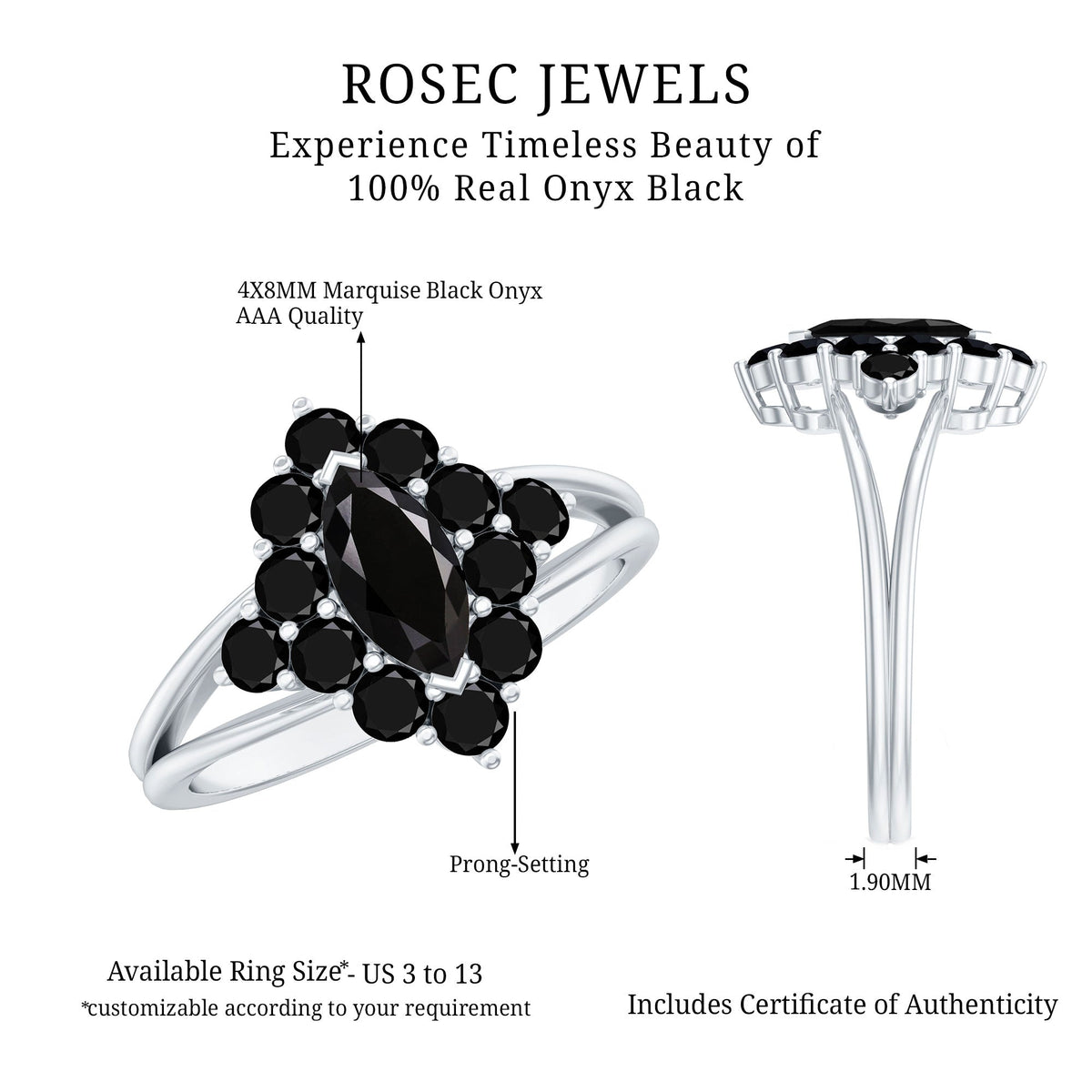 Certified Black Onyx Cluster Cocktail Ring with Split Shank