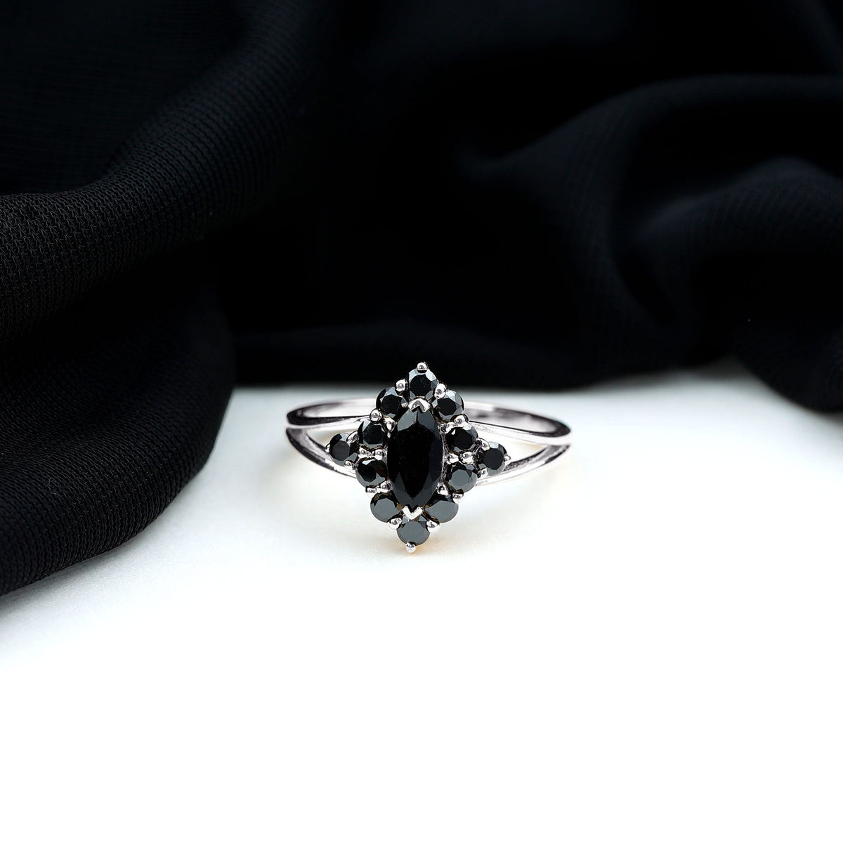 Certified Black Onyx Cluster Cocktail Ring with Split Shank