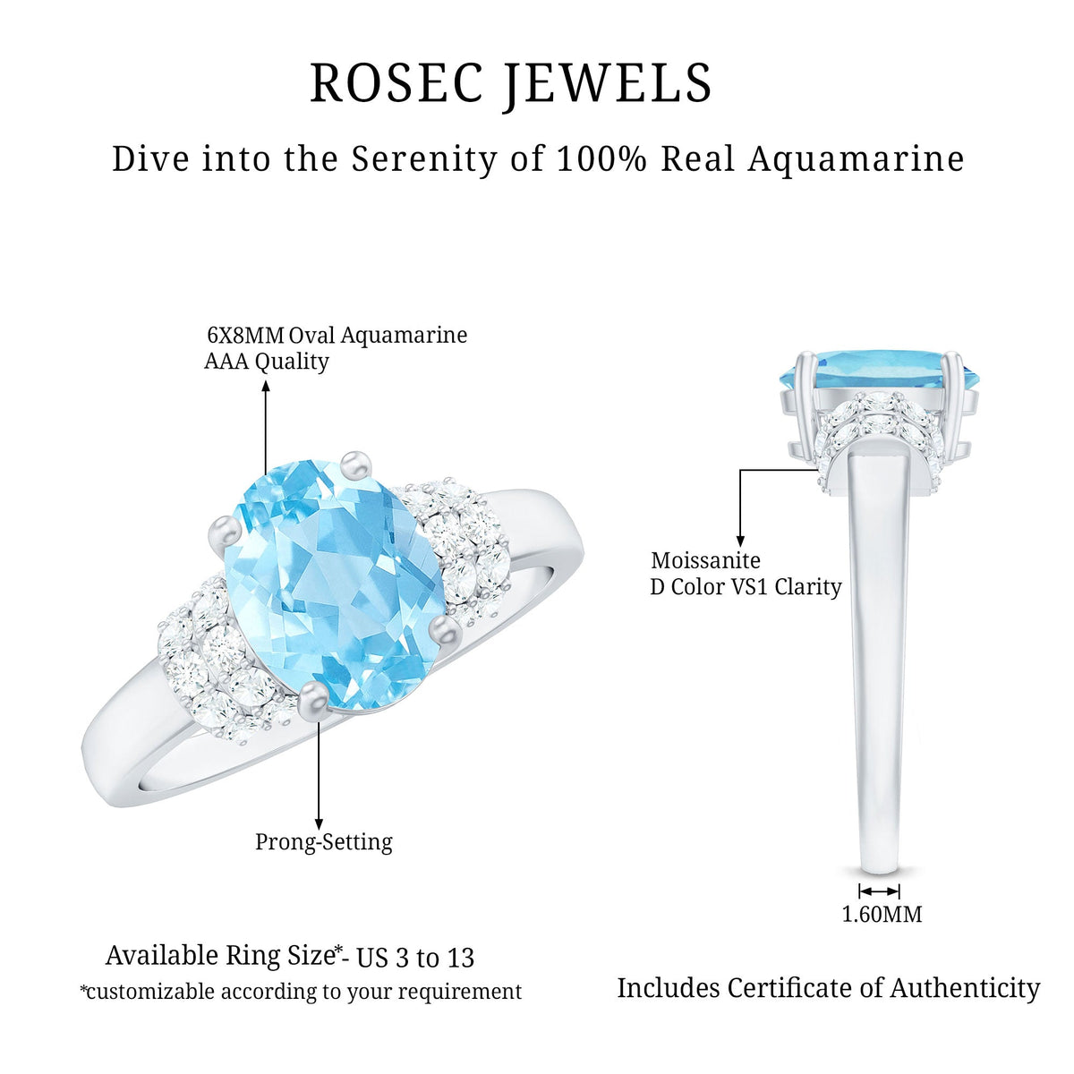 Oval cut aquamarine engagement ring by Rosec Jewels featuring a diamond collar setting, showcasing sparkling blue gemstone and elegant design.