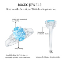 Oval cut aquamarine engagement ring by Rosec Jewels featuring a diamond collar setting, showcasing sparkling blue gemstone and elegant design.