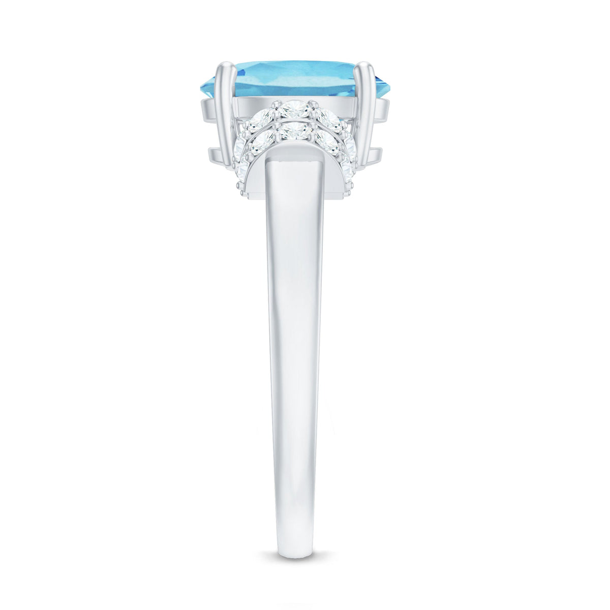 Oval cut aquamarine engagement ring with diamond collar by Rosec Jewels, showcasing the detailed design and sparkling stones.