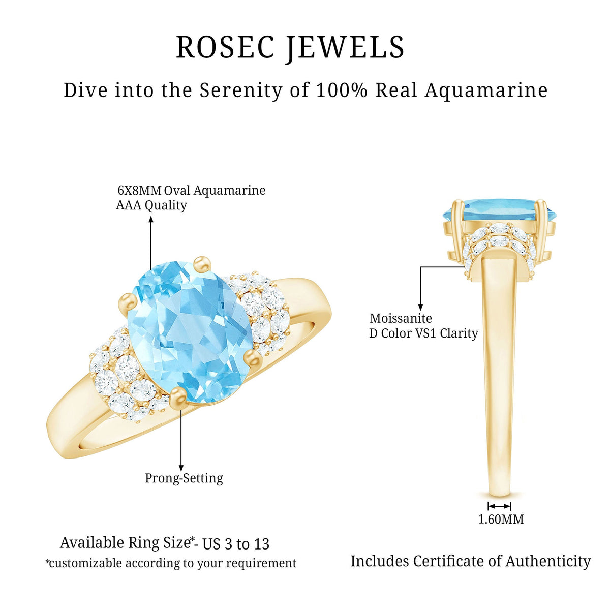 Oval cut aquamarine engagement ring with diamond collar from Rosec Jewels, showcasing a sparkling 1 carat center stone and intricate band.