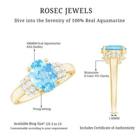 Oval cut aquamarine engagement ring with diamond collar from Rosec Jewels, showcasing a sparkling 1 carat center stone and intricate band.