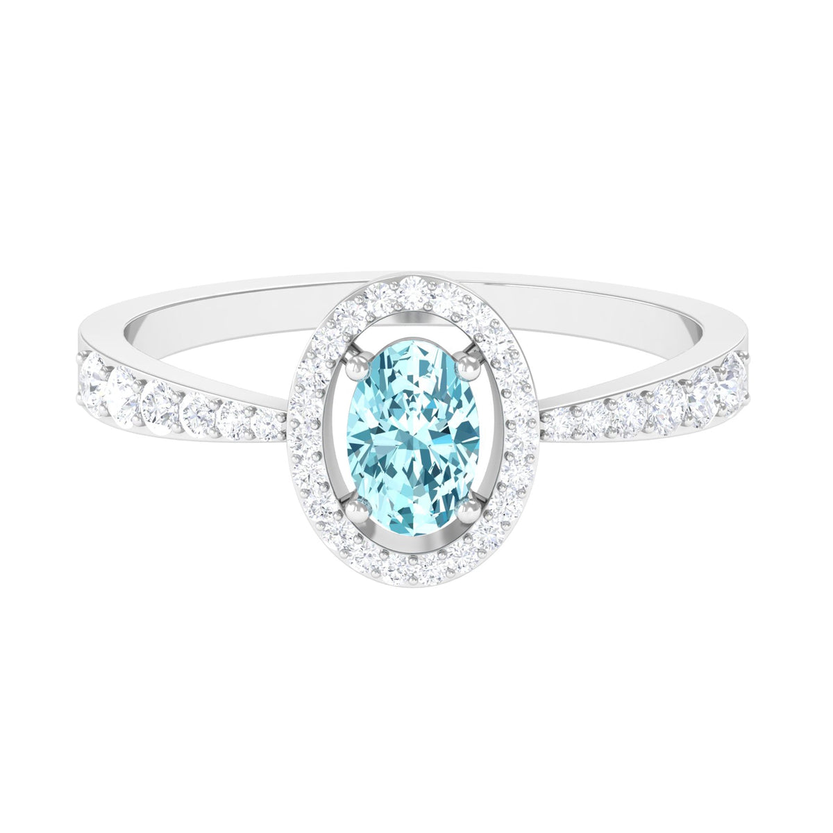 1 CT aquamarine engagement ring with diamond halo from Rosec Jewels, featuring a sparkling aquamarine center stone and intricate band.