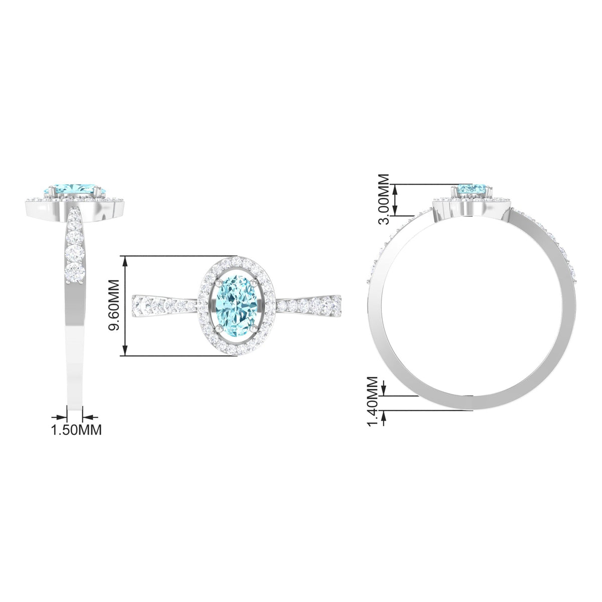 Aquamarine engagement ring with diamond halo from Rosec Jewels, featuring a 1-carat aquamarine gemstone and intricate diamond detailing.