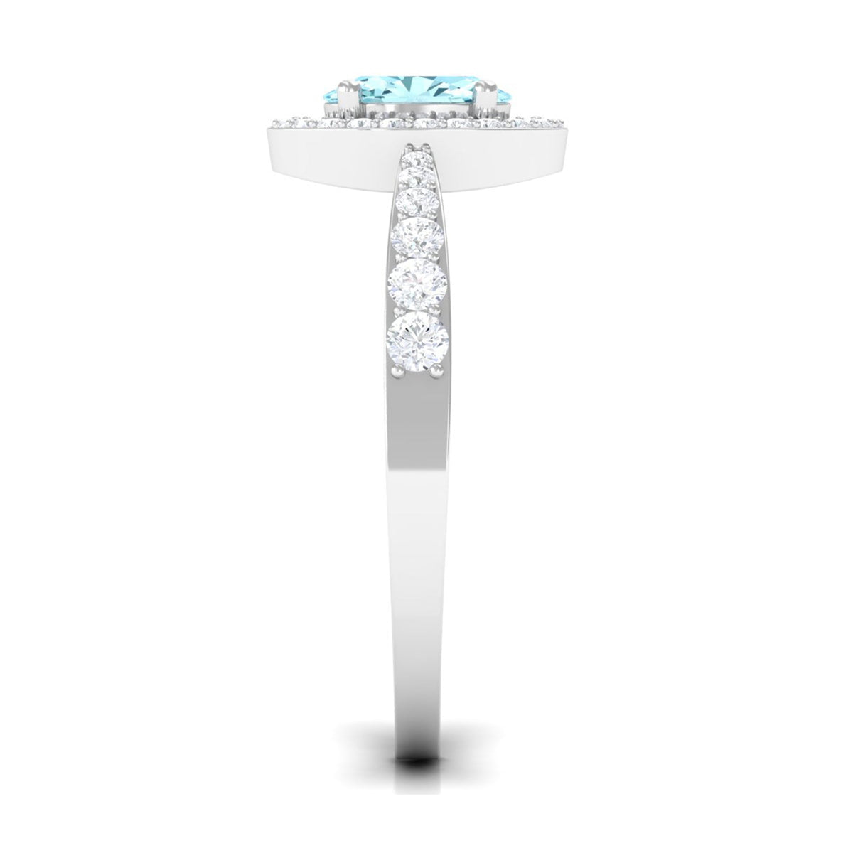 Aquamarine engagement ring with diamond halo from Rosec Jewels, showcasing a 1-carat aquamarine gemstone surrounded by sparkling diamonds.