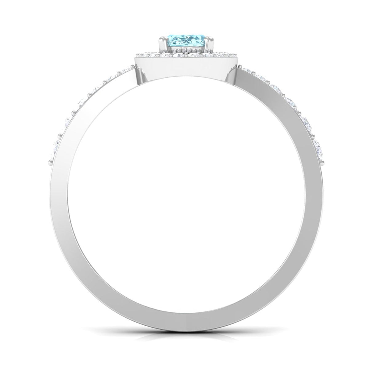1 ct aquamarine engagement ring with diamond halo featuring a silver band and intricate detailing by Rosec Jewels.
