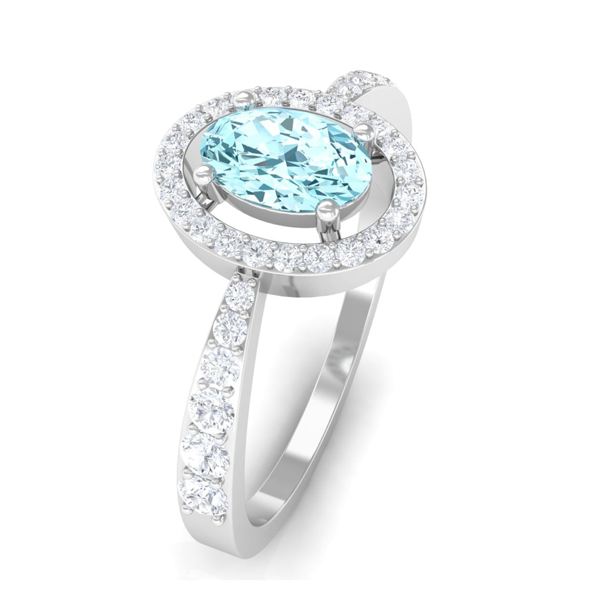 Rosec Jewels 1 CT aquamarine engagement ring with diamond halo featuring a central aquamarine gemstone and sparkling diamond accents.