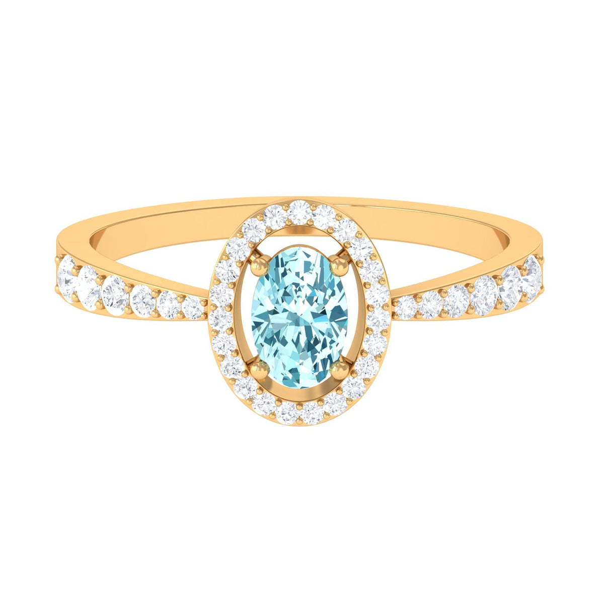 1 CT aquamarine engagement ring with diamond halo from Rosec Jewels, featuring a sparkling aquamarine gemstone and detailed band.