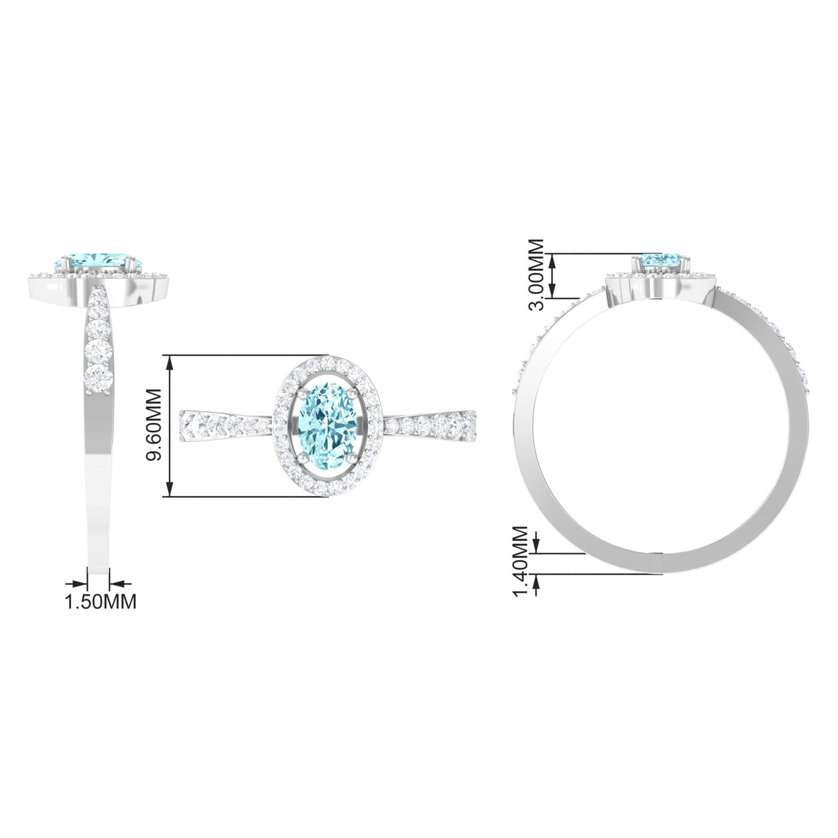 Rosec Jewels 1 CT aquamarine engagement ring with diamond halo, showcasing a sparkling oval aquamarine gemstone and surrounding diamonds.