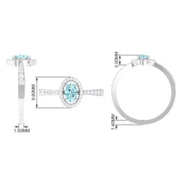 Rosec Jewels 1 CT aquamarine engagement ring with diamond halo, showcasing a sparkling oval aquamarine gemstone and surrounding diamonds.