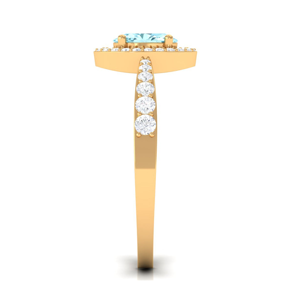 1 carat aquamarine engagement ring with diamond halo from Rosec Jewels, showcasing the elegant gemstone and sparkling halo setting.