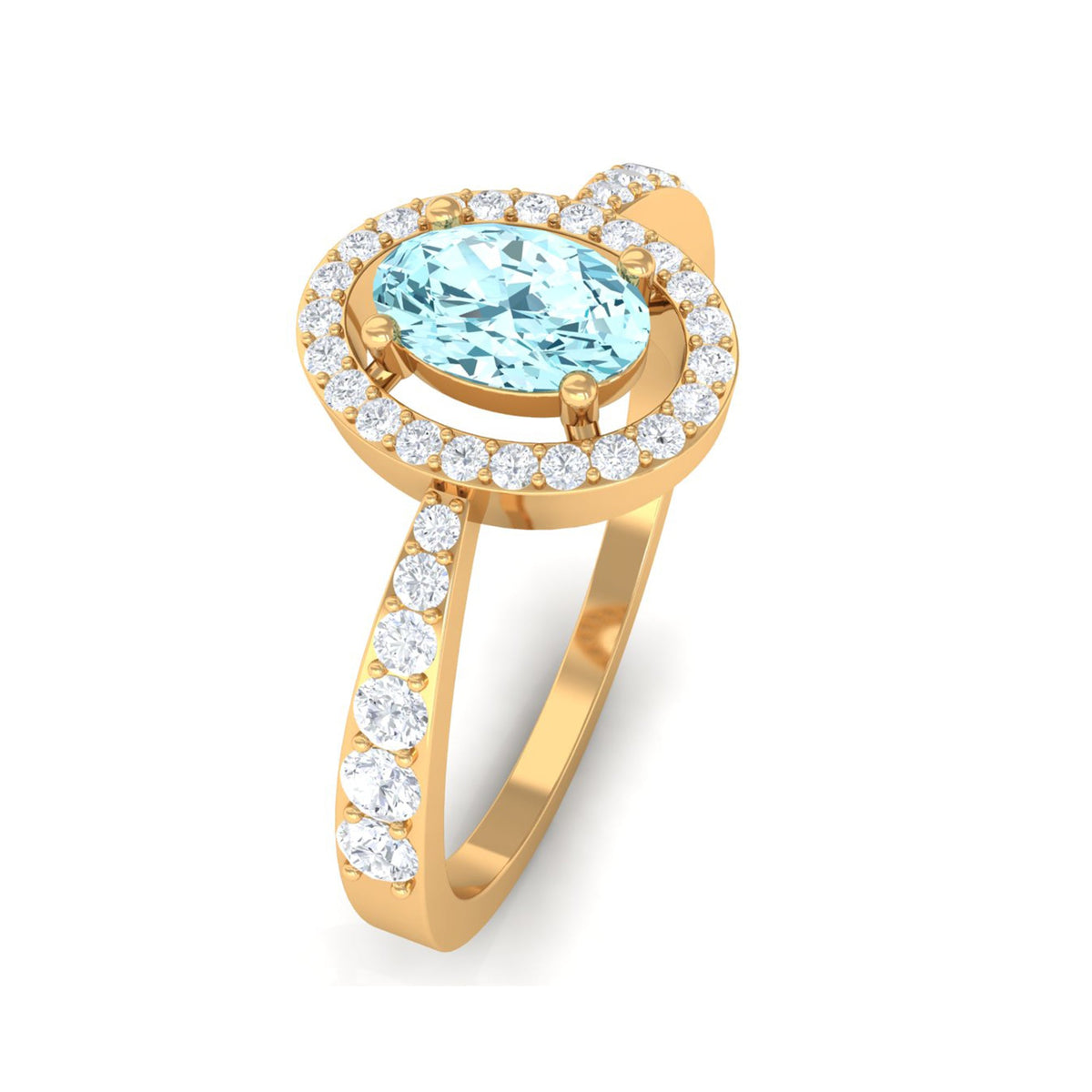 1 CT aquamarine engagement ring with diamond halo, Rosec Jewels, featuring a central aquamarine gemstone surrounded by sparkling diamonds.