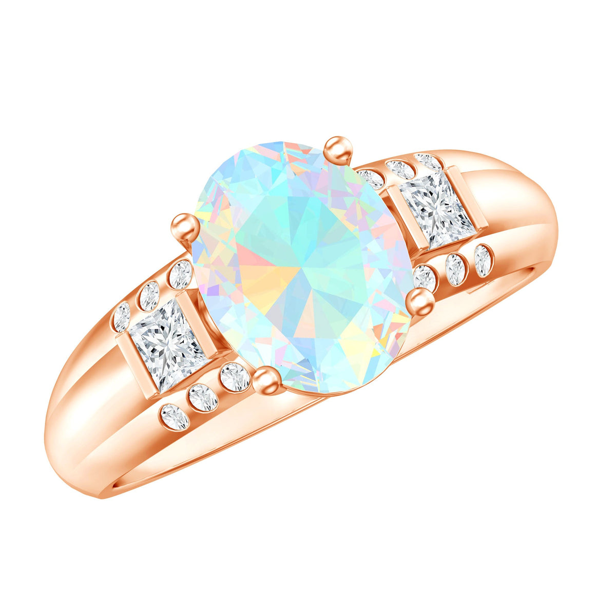 Ethiopian opal and diamond engagement ring with an oval shape, set in a silver band, from Rosec Jewels.