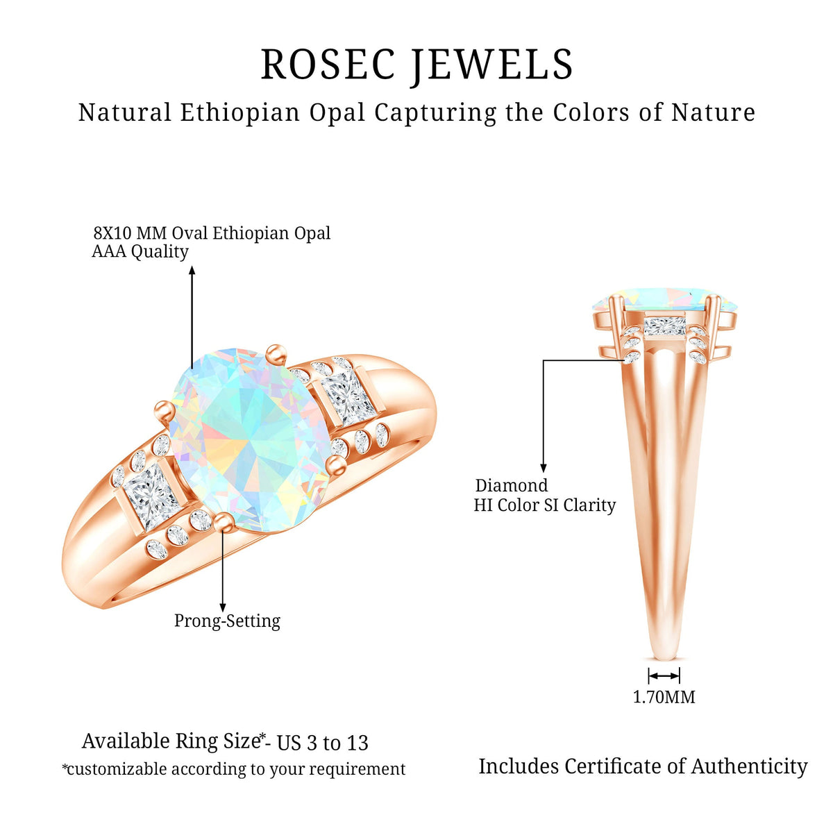 Ethiopian opal oblong engagement ring with diamond accents by Rosec Jewels, featuring a 1.3 carat center stone and elegant design.