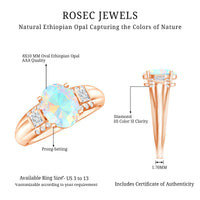 Ethiopian opal oblong engagement ring with diamond accents by Rosec Jewels, featuring a 1.3 carat center stone and elegant design.