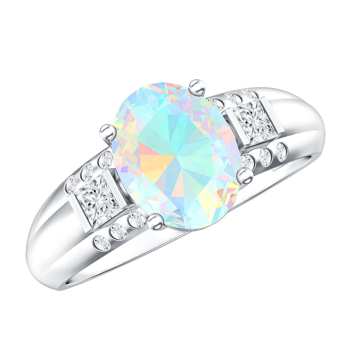 Ethiopian opal engagement ring with 1.3 carats, oblong shape, accented by diamonds, by Rosec Jewels.